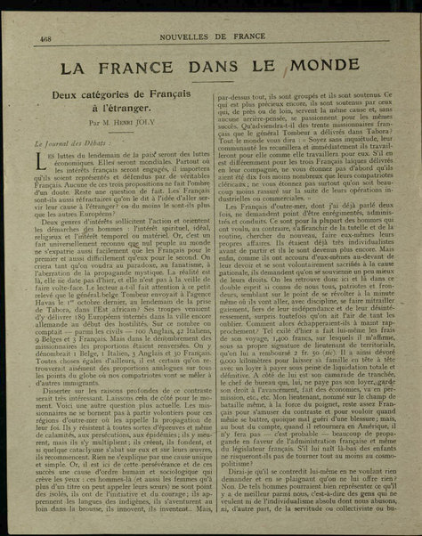 Nouvelles de France et Bulletin des Français résidant à l'étranger : chronique hebdomadaire de la presse française